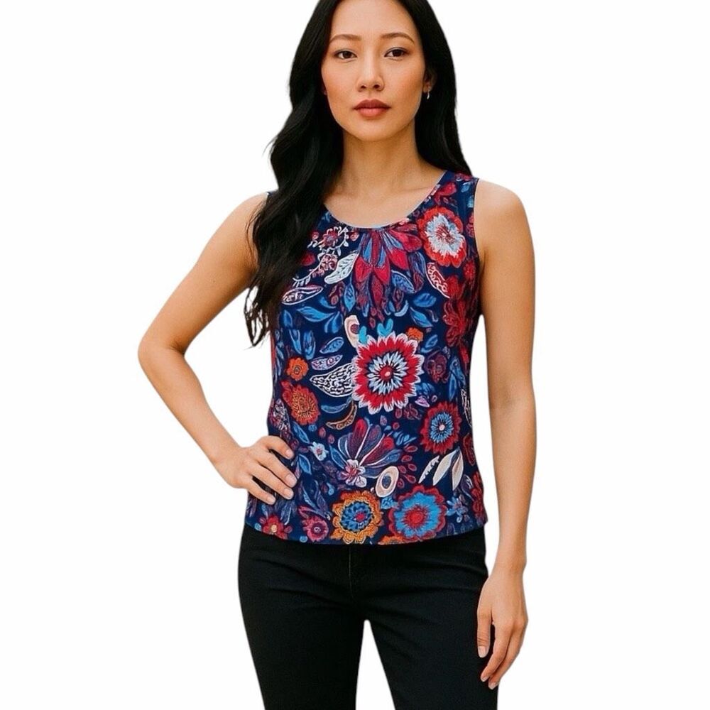 BODEN Women’s Navy Blue Multicolor Floral Sleeveless Tie Back Blouse Size 8